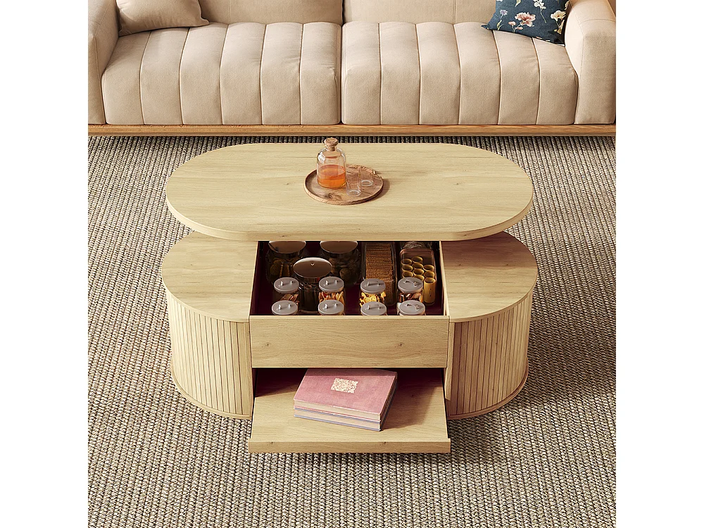Table basse relevable bois courbé étagère coulissante plateau relevable multifonction salon naturel