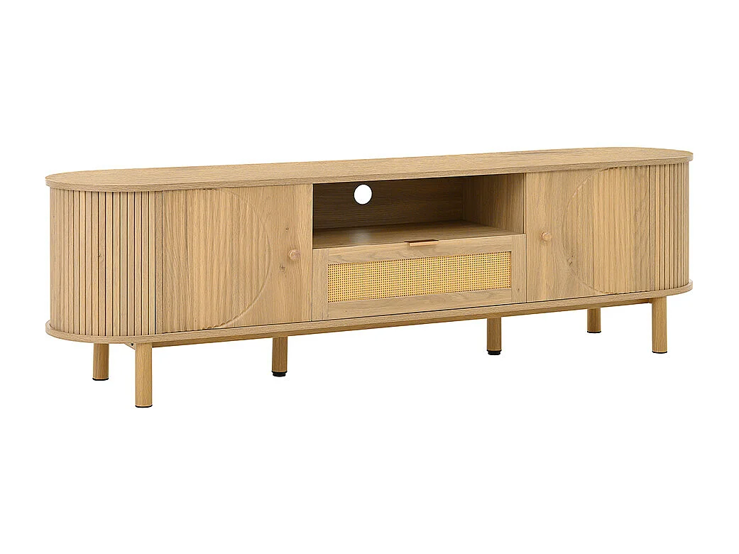 Meuble TV moderne tiroirs rotin compartiments ouverts plateau arrondi pieds métalliques bois multifonction salon naturel