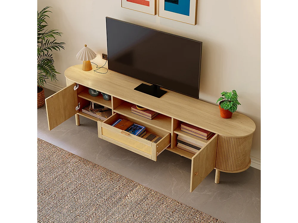 Meuble TV moderne tiroirs rotin compartiments ouverts plateau arrondi pieds métalliques bois multifonction salon naturel