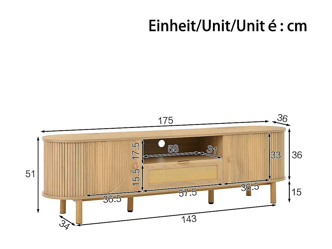 Meuble TV moderne tiroirs rotin compartiments ouverts plateau arrondi pieds métalliques bois multifonction salon naturel