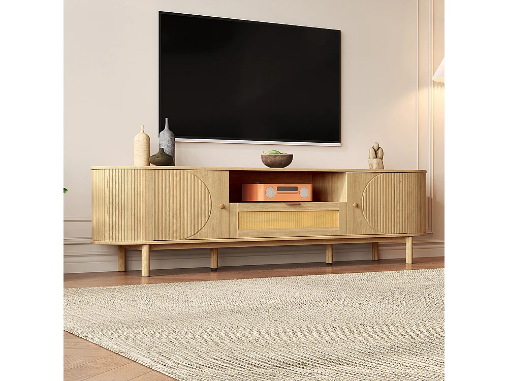 Meuble TV moderne tiroirs rotin compartiments ouverts plateau arrondi pieds métalliques bois multifonction salon naturel