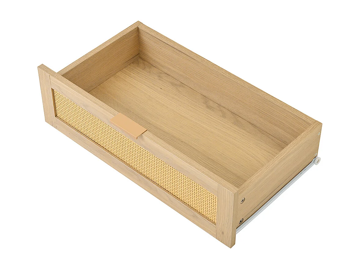 Meuble TV moderne tiroirs rotin compartiments ouverts plateau arrondi pieds métalliques bois multifonction salon naturel