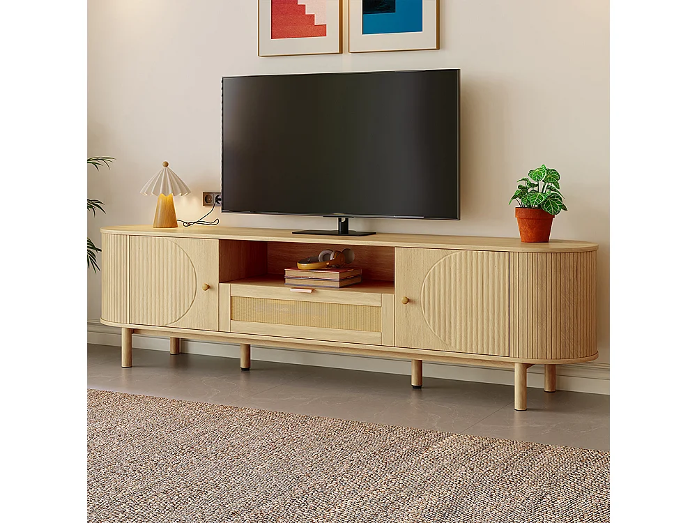 Meuble TV moderne tiroirs rotin compartiments ouverts plateau arrondi pieds métalliques bois multifonction salon naturel