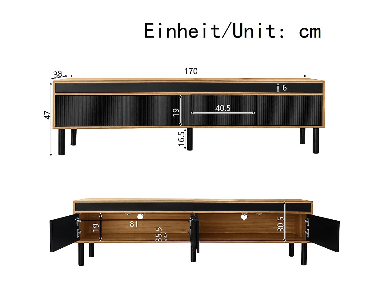 Meuble TV trois portes textures raffinées noir bois naturel