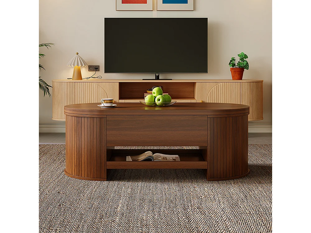 Table basse relevable bois courbé étagère coulissante plateau relevable multifonction salon marron
