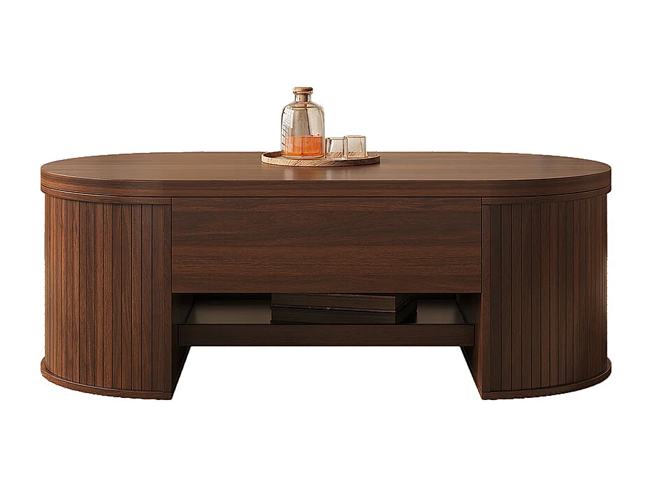 Table basse relevable bois courbé étagère coulissante plateau relevable multifonction salon marron