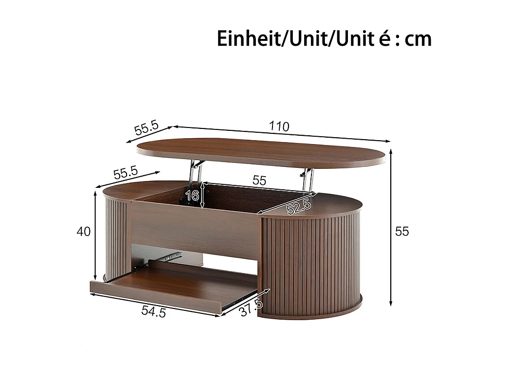 Table basse relevable bois courbé étagère coulissante plateau relevable multifonction salon marron