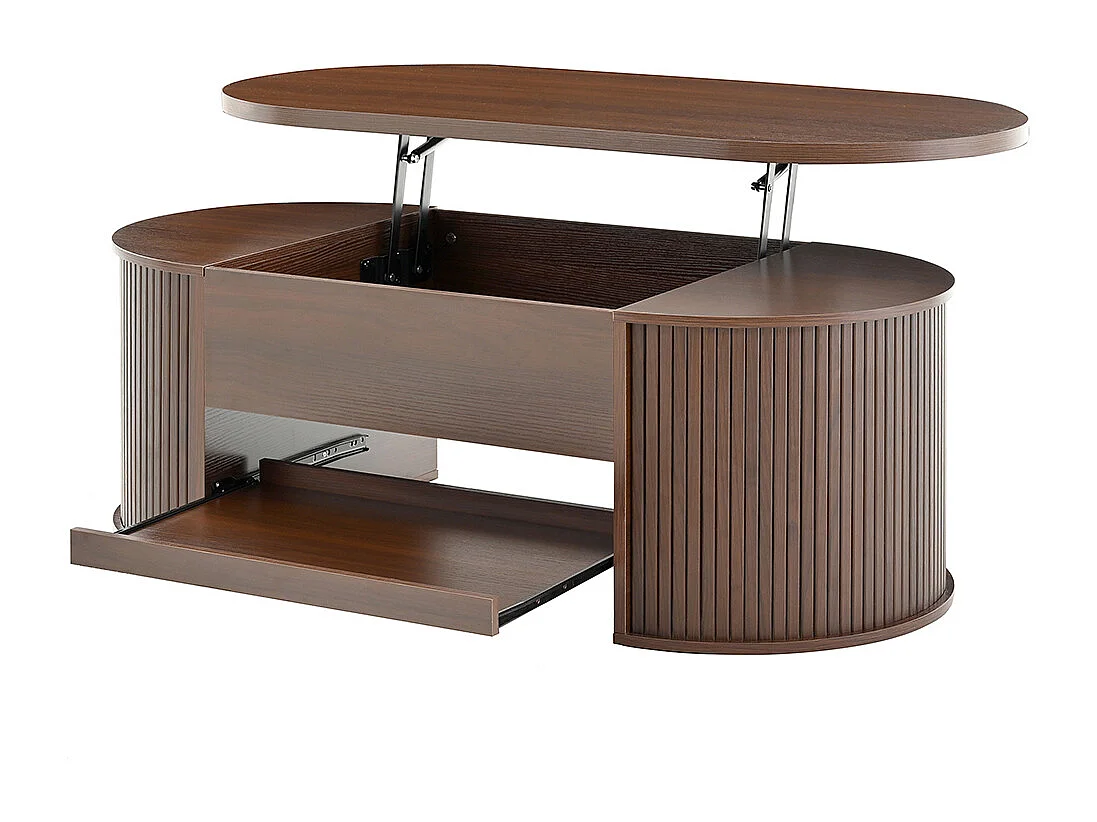 Table basse relevable bois courbé étagère coulissante plateau relevable multifonction salon marron