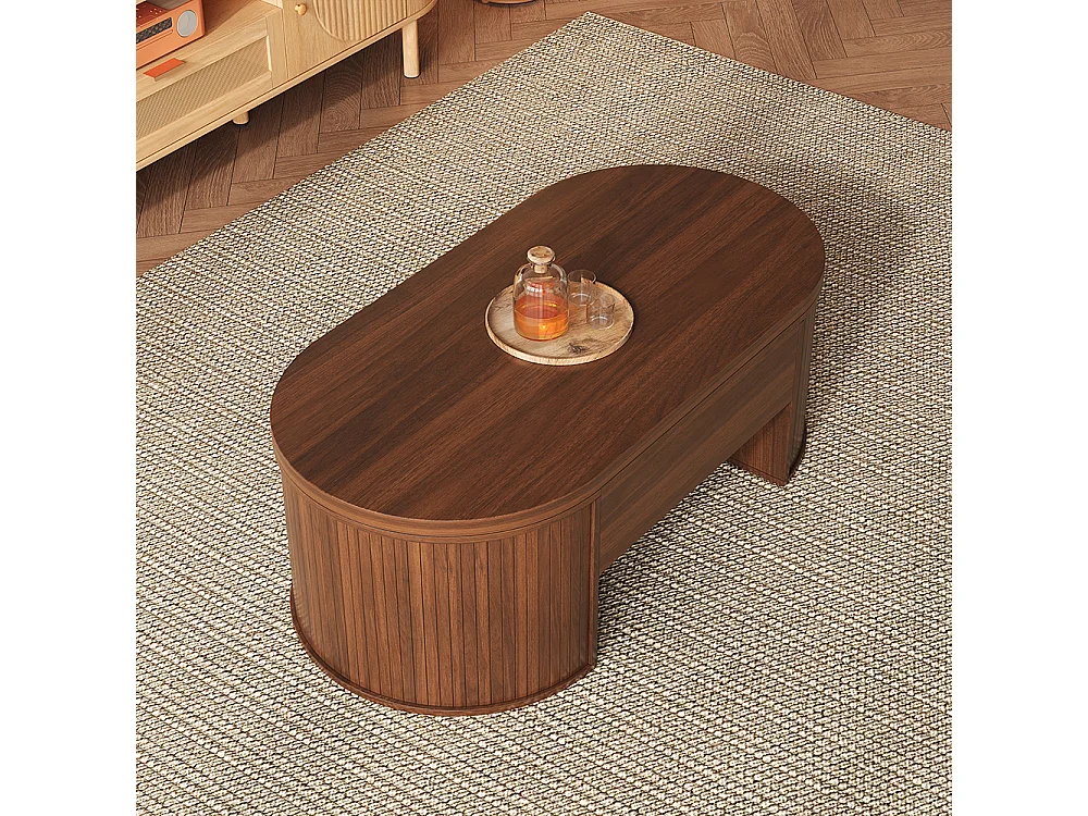 Table basse relevable bois courbé étagère coulissante plateau relevable multifonction salon marron