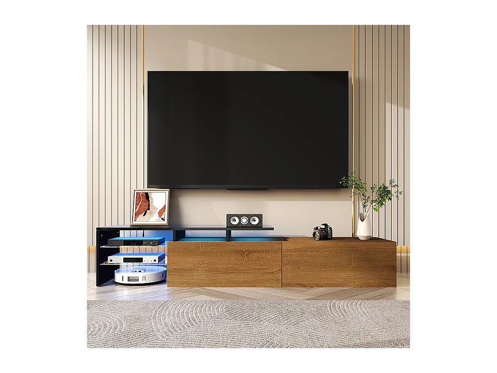 Meuble TV design moderne élégant rangement pratique noir bois étagères verre éclairage LED