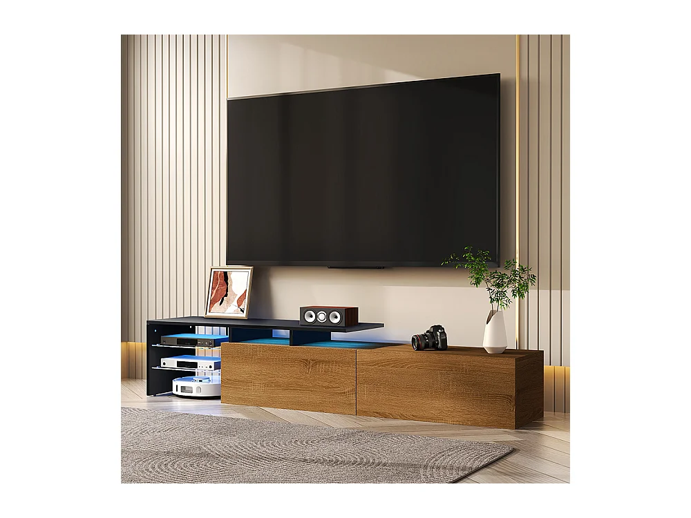 Meuble TV design moderne élégant rangement pratique noir bois étagères verre éclairage LED