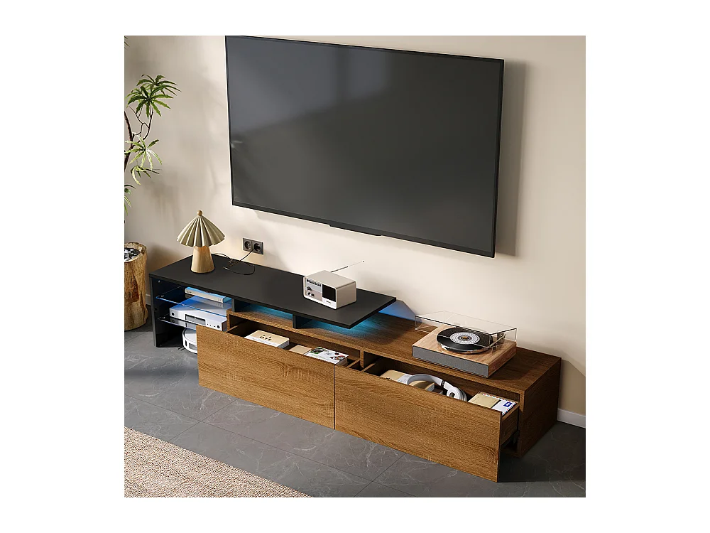 Meuble TV design moderne élégant rangement pratique noir bois étagères verre éclairage LED