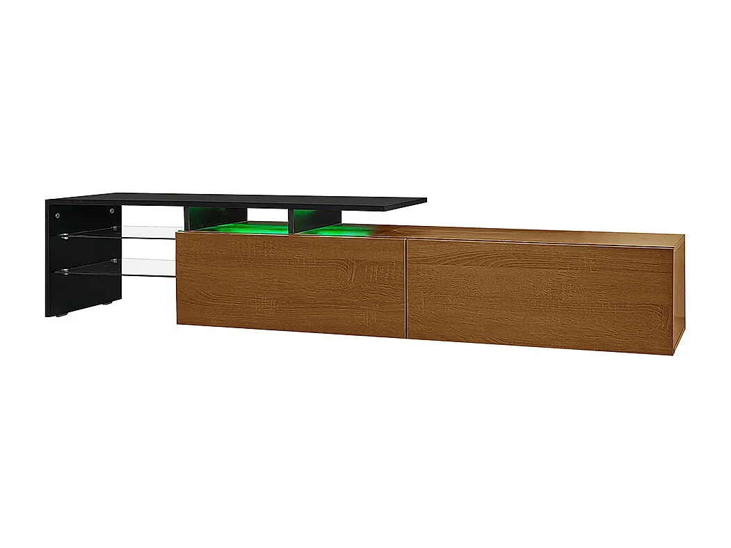 Meuble TV design moderne élégant rangement pratique noir bois étagères verre éclairage LED