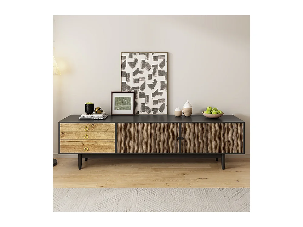 Meuble TV bas panneaux motif vagues trois tiroirs bois noir