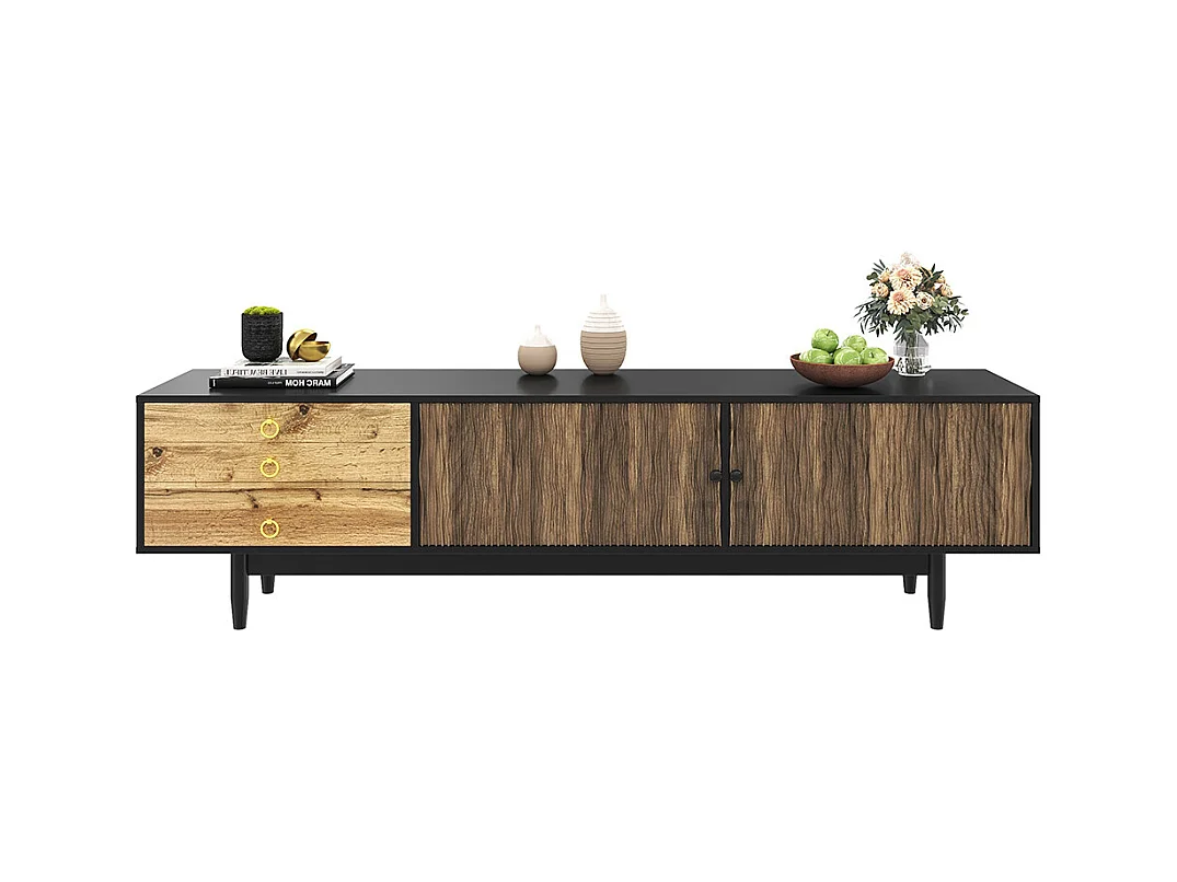 Meuble TV bas panneaux motif vagues trois tiroirs bois noir