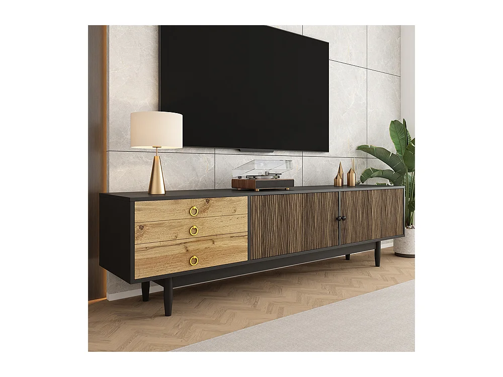 Meuble TV bas panneaux motif vagues trois tiroirs bois noir