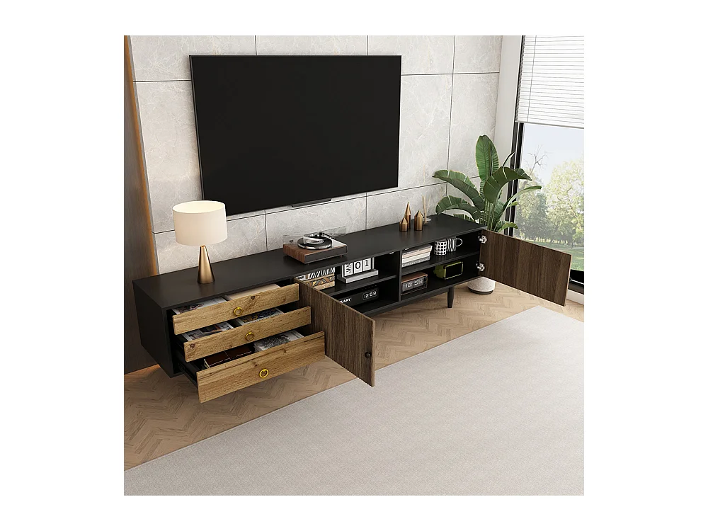 Meuble TV bas panneaux motif vagues trois tiroirs bois noir