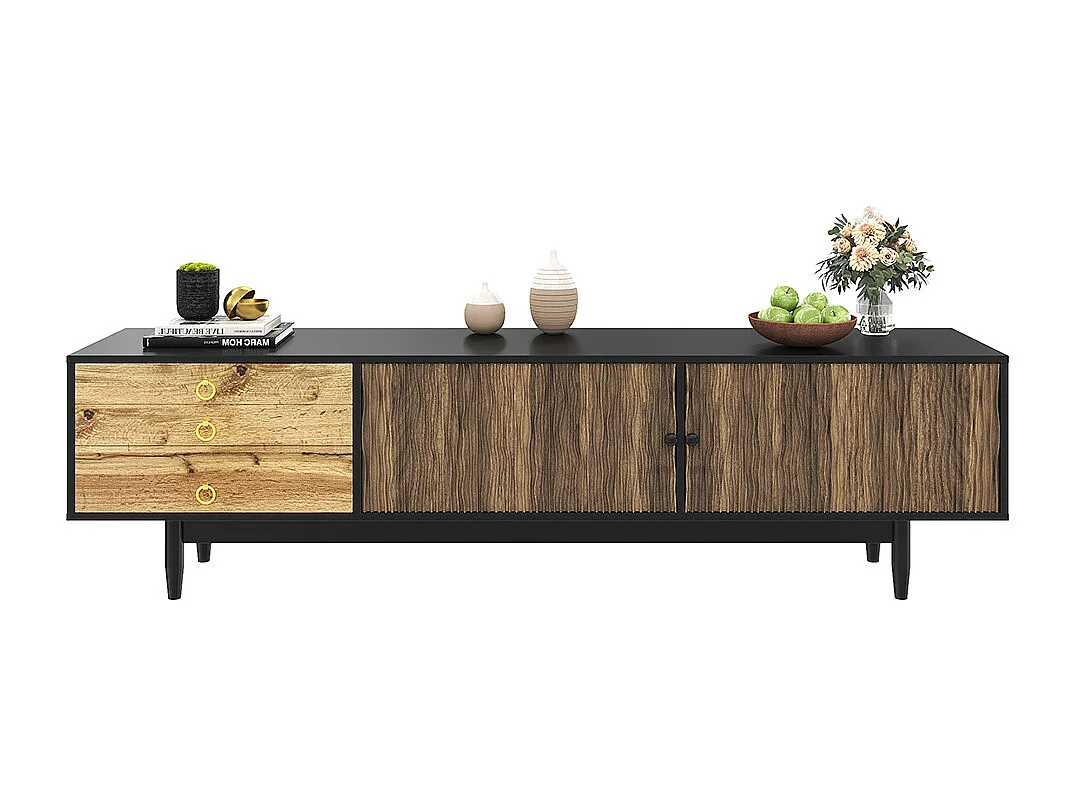 Meuble TV bas panneaux motif vagues trois tiroirs bois noir