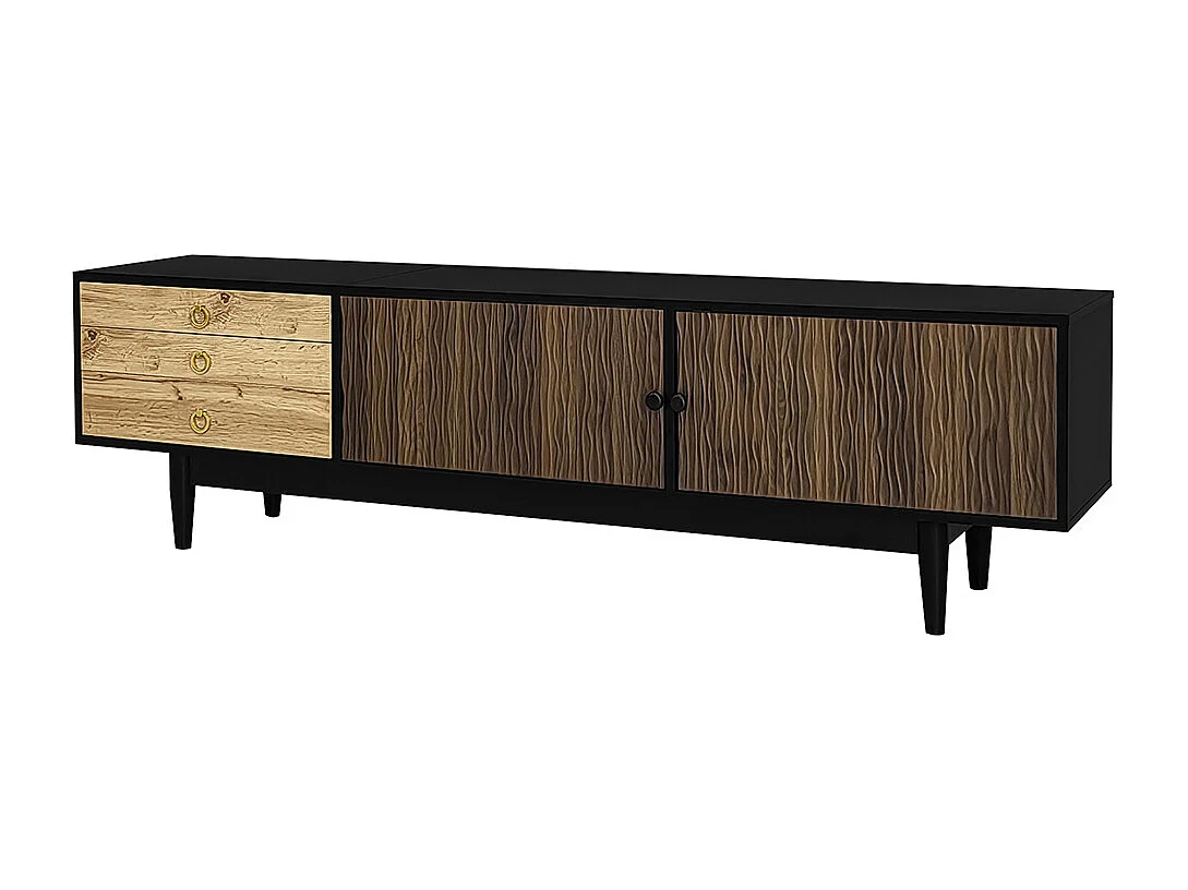 Meuble TV bas panneaux motif vagues trois tiroirs bois noir