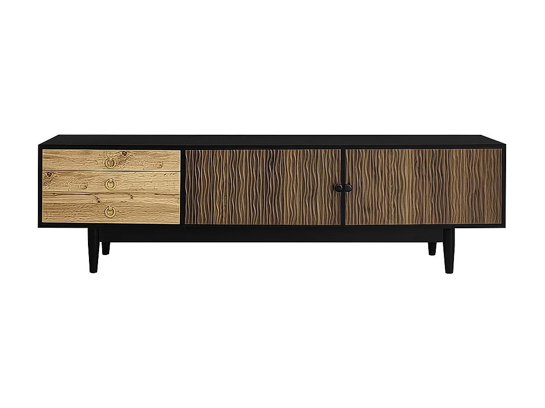 Meuble TV bas panneaux motif vagues trois tiroirs bois noir
