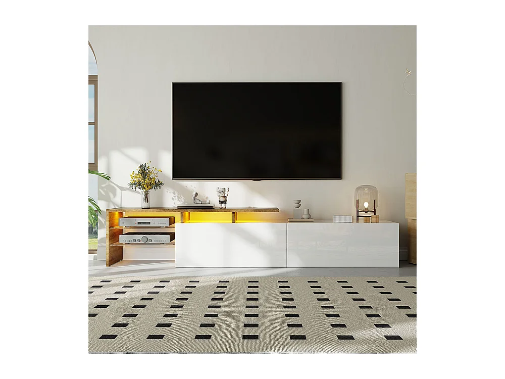 Meuble TV design moderne élégant rangement pratique blanc brillant bois étagères verre éclairage LED