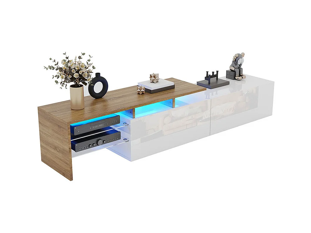Meuble TV design moderne élégant rangement pratique blanc brillant bois étagères verre éclairage LED