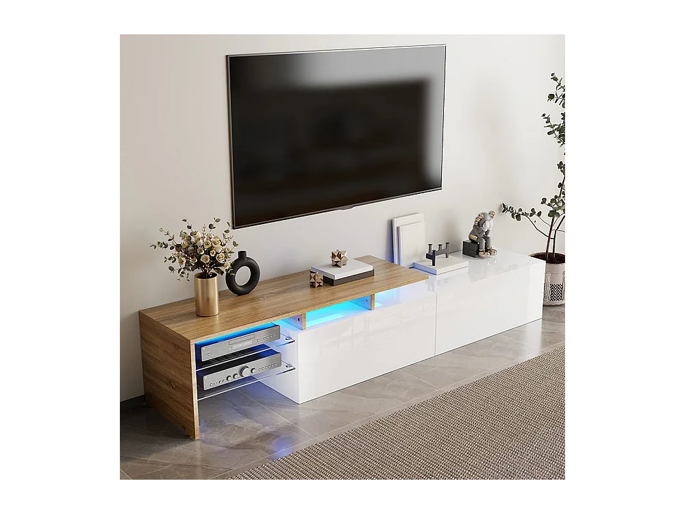 Meuble TV design moderne élégant rangement pratique blanc brillant bois étagères verre éclairage LED
