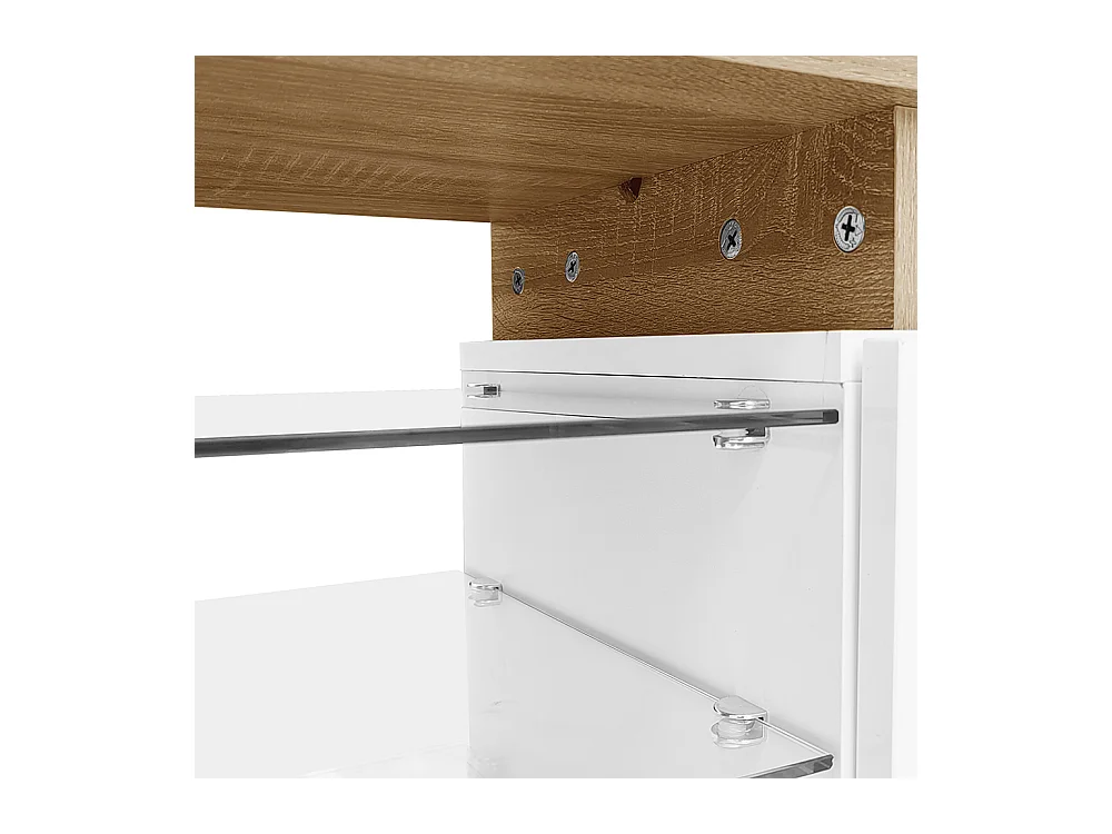 Meuble TV design moderne élégant rangement pratique blanc brillant bois étagères verre éclairage LED