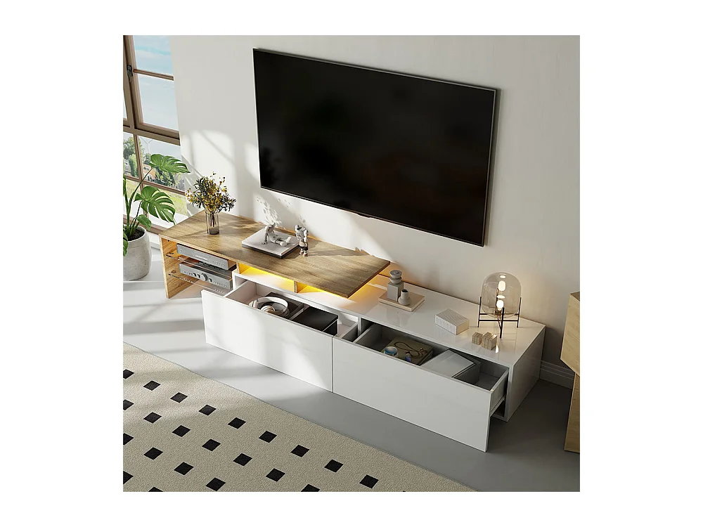 Meuble TV design moderne élégant rangement pratique blanc brillant bois étagères verre éclairage LED