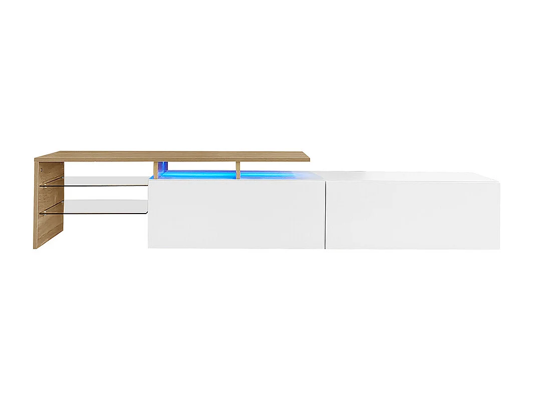 Meuble TV design moderne élégant rangement pratique blanc brillant bois étagères verre éclairage LED