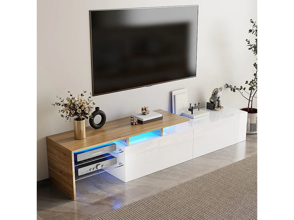 Meuble TV design moderne élégant rangement pratique blanc brillant bois étagères verre éclairage LED