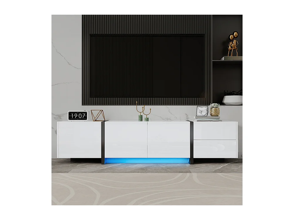 Meuble TV bas armoire blanche brillante pieds noirs portes tiroirs simples