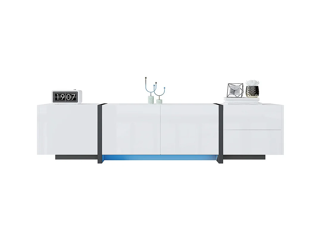 Meuble TV bas armoire blanche brillante pieds noirs portes tiroirs simples