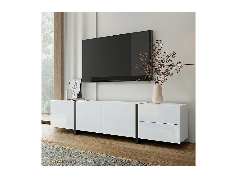 Meuble TV bas armoire blanche brillante pieds noirs portes tiroirs simples