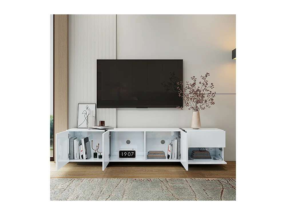 Meuble TV bas armoire blanche brillante pieds noirs portes tiroirs simples