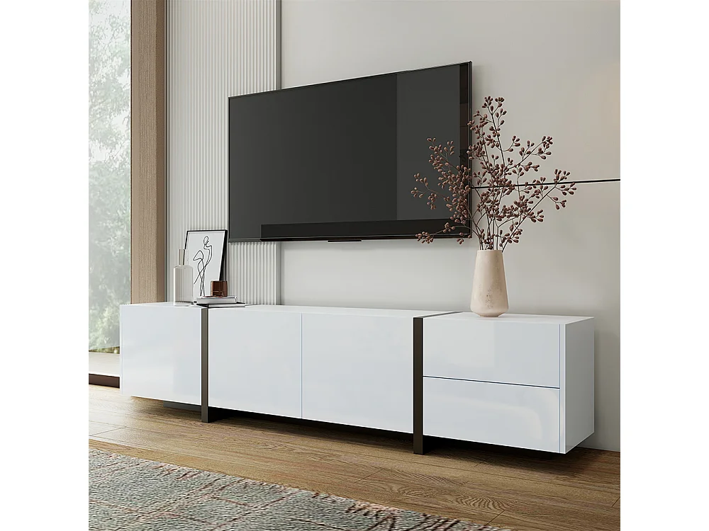 Meuble TV bas armoire blanche brillante pieds noirs portes tiroirs simples