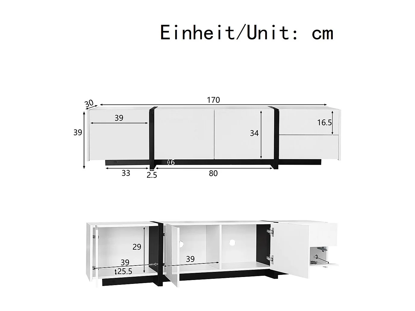 Meuble TV bas armoire blanche brillante pieds noirs portes tiroirs simples