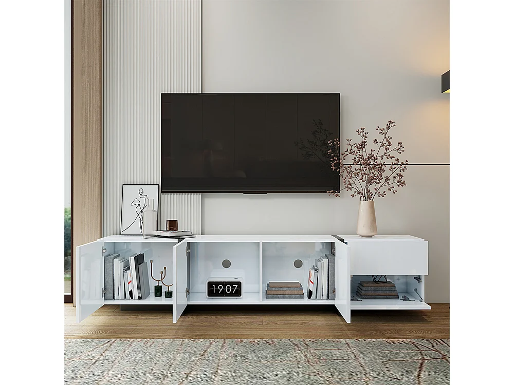 Meuble TV bas armoire blanche brillante pieds noirs portes tiroirs simples