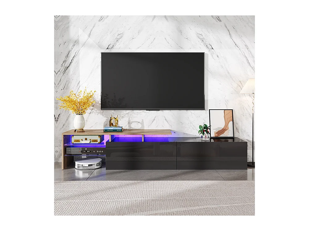 Meuble TV design moderne élégant rangement pratique noir brillant bois étagères verre éclairage LED