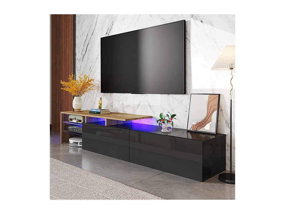Meuble TV design moderne élégant rangement pratique noir brillant bois étagères verre éclairage LED