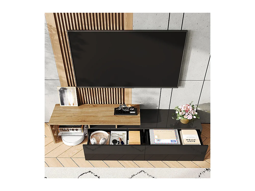 Meuble TV design moderne élégant rangement pratique noir brillant bois étagères verre éclairage LED