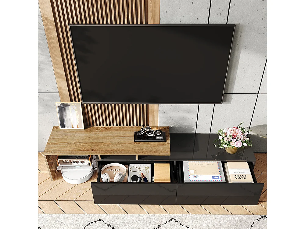 Meuble TV design moderne élégant rangement pratique noir brillant bois étagères verre éclairage LED