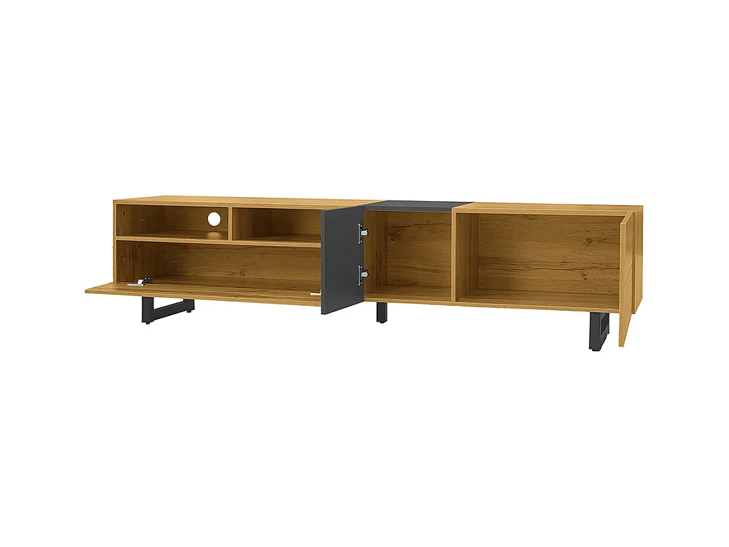 Meuble TV color block design simple couleurs contrastées trois portes deux compartiments pieds métalliques U grain bois rétro