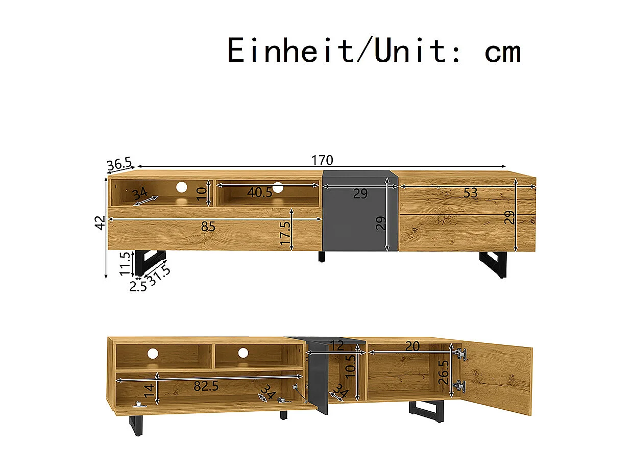 Meuble TV color block design simple couleurs contrastées trois portes deux compartiments pieds métalliques U grain bois rétro