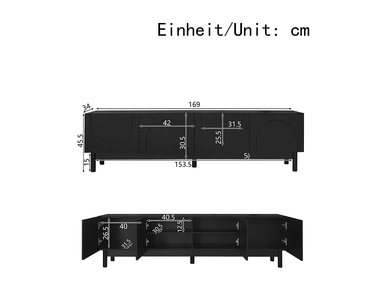 Meuble bas TV portes incurvées étagères support TV pieds stabilisateurs