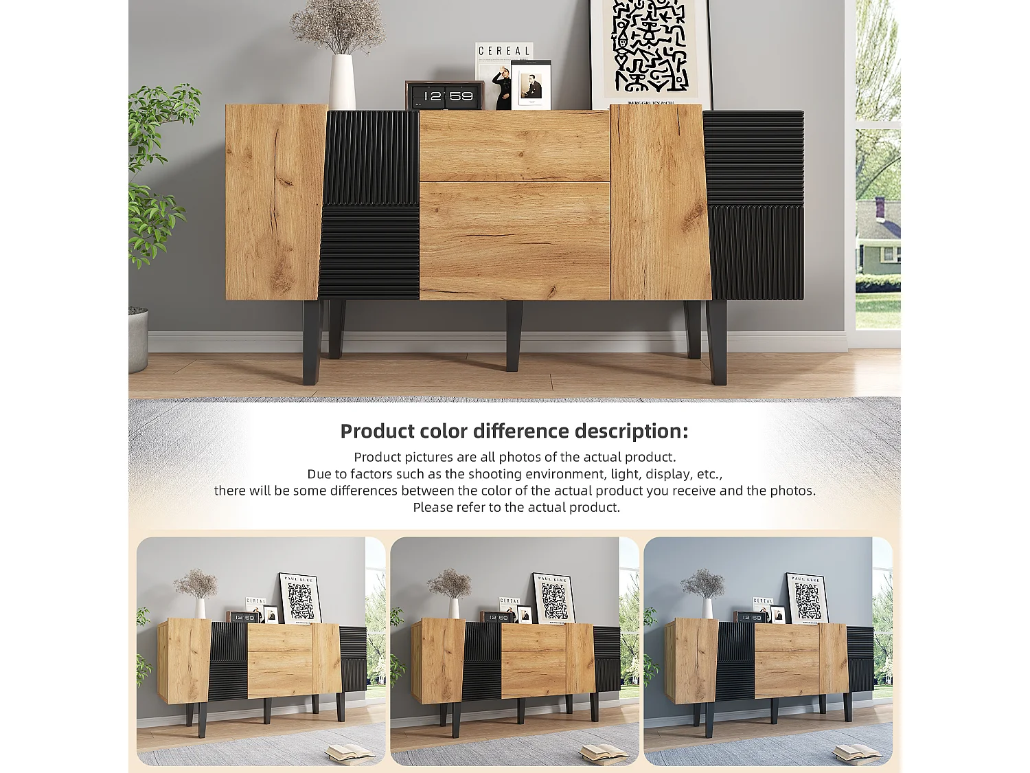 Meuble TV contemporain effet bois portes texturées noir