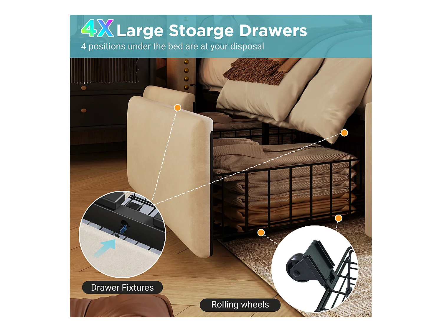 URBAN MEUBLE Lit king beige rembourré captionné royal avec éclairage LED et 4 tiroirs 160*200cm