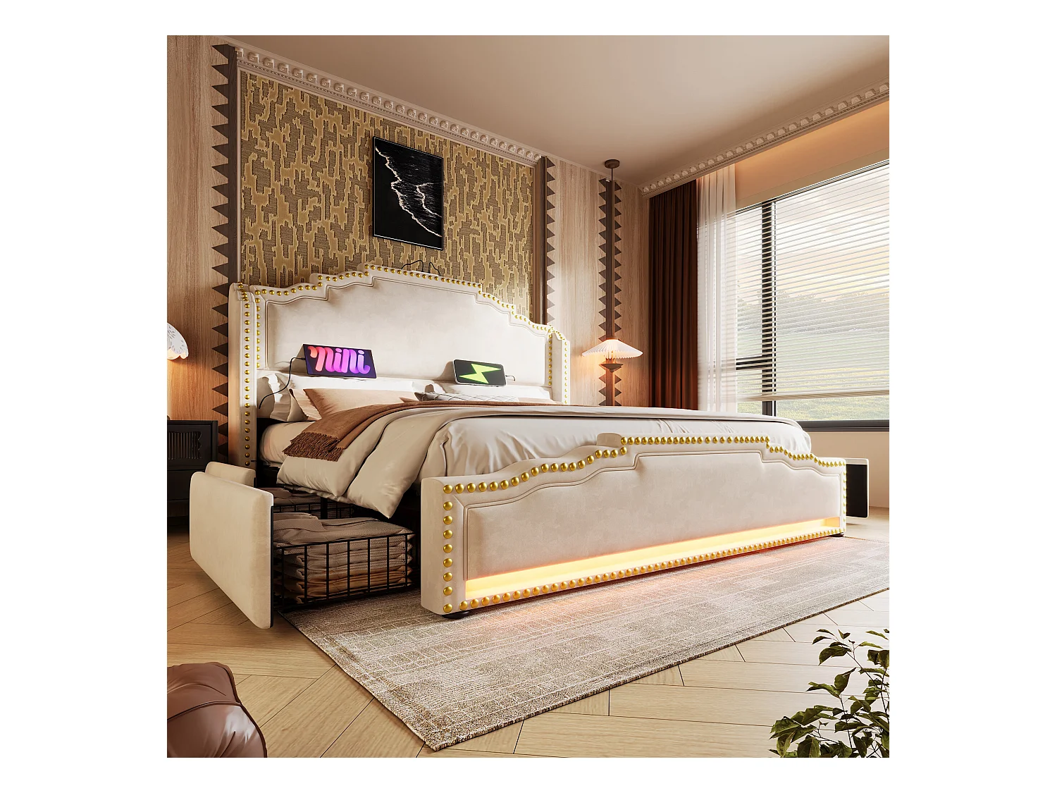 URBAN MEUBLE Lit king beige rembourré captionné royal avec éclairage LED et 4 tiroirs 160*200cm