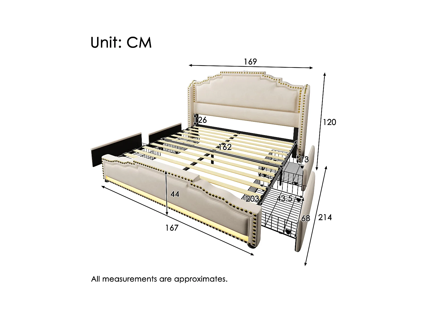 URBAN MEUBLE Lit king beige rembourré captionné royal avec éclairage LED et 4 tiroirs 160*200cm