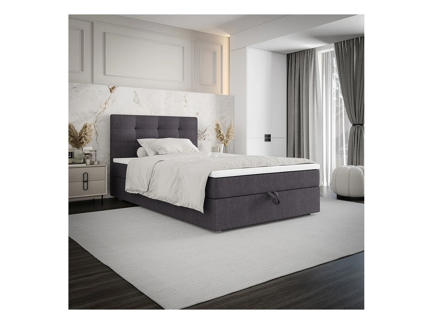 BEDANTE Boxspringbett FADO 11 80x200 Cosmic 97 Grau Bett Bettkasten Einzellbett Hotelbett Topper Matratze Schlafzimmer Stauraum